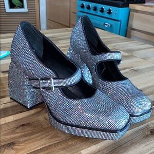 Gianni Bini silver holographic Sparkling Mary Jane square Heels